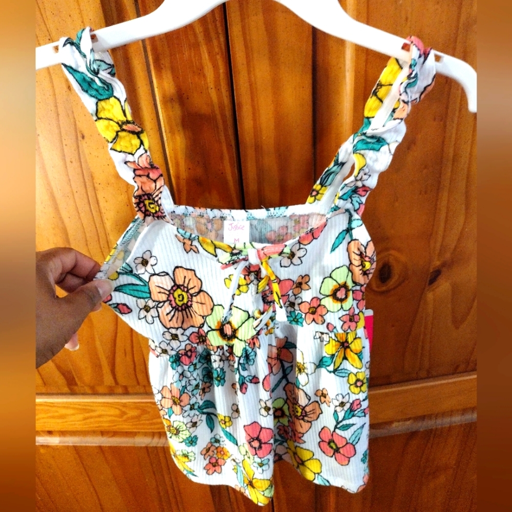 Justice juniors floral design tank top with ruffled laces, size M, white/orange